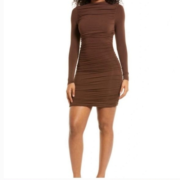Naked Wardrobe ruched long sleeve open back mini dress in brown; new without tag - Picture 2 of 4